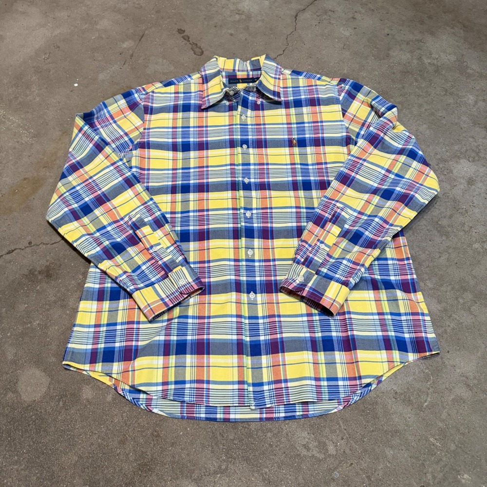 Ralph Lauren Button Down Shirt Mens XL Yellow Blue Plaid Long Sleeve Flesh Pony
